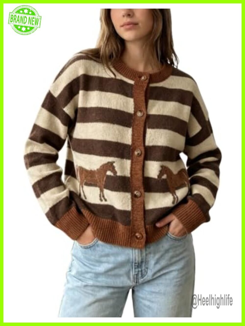 Womens Striped Crew Neck Long Sleeve Knit Cardigan with Horse Icon